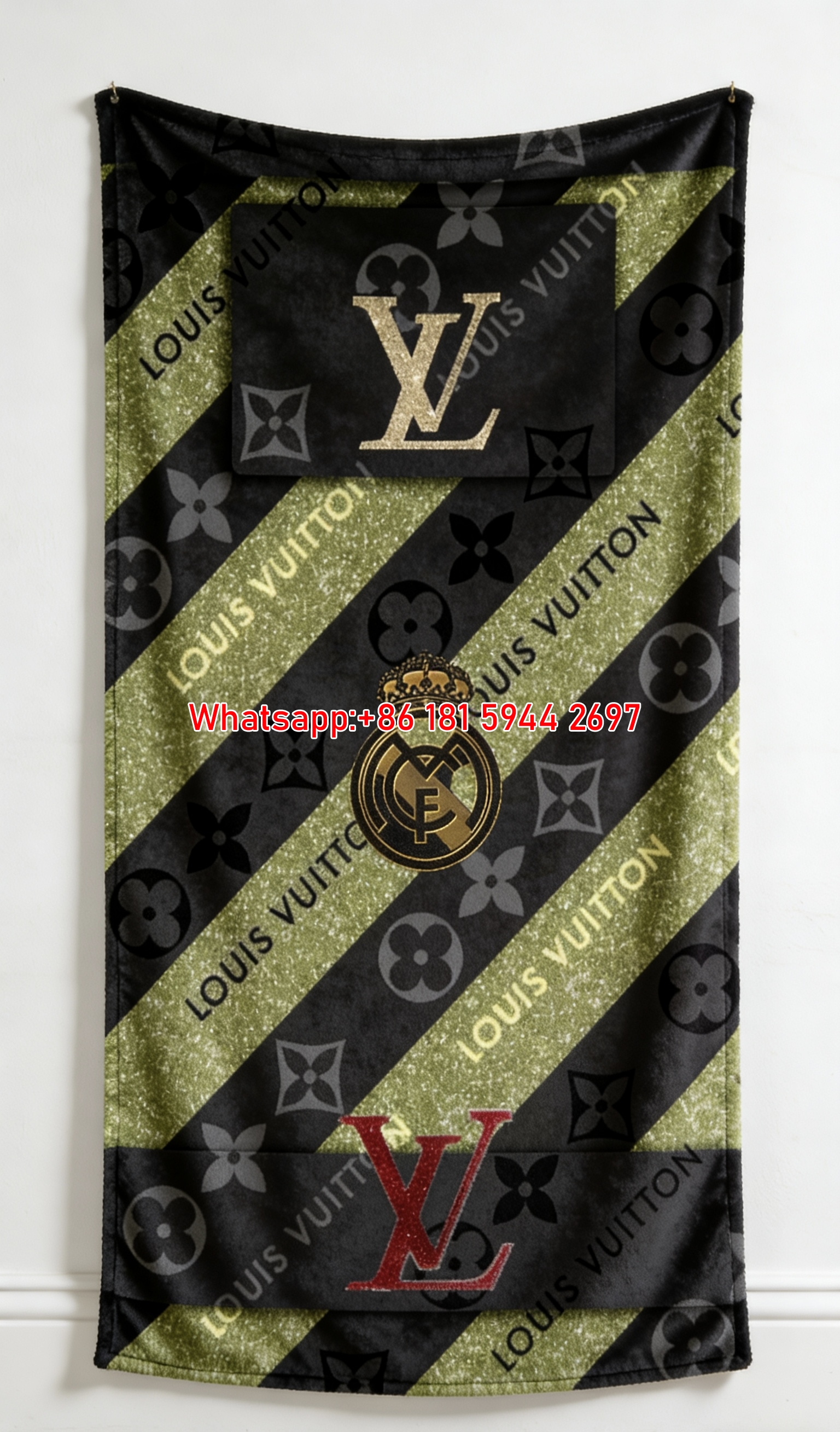 LV Gold Glitch Flannel Blanket LV Black Gold Stripe Throw IMG_3279